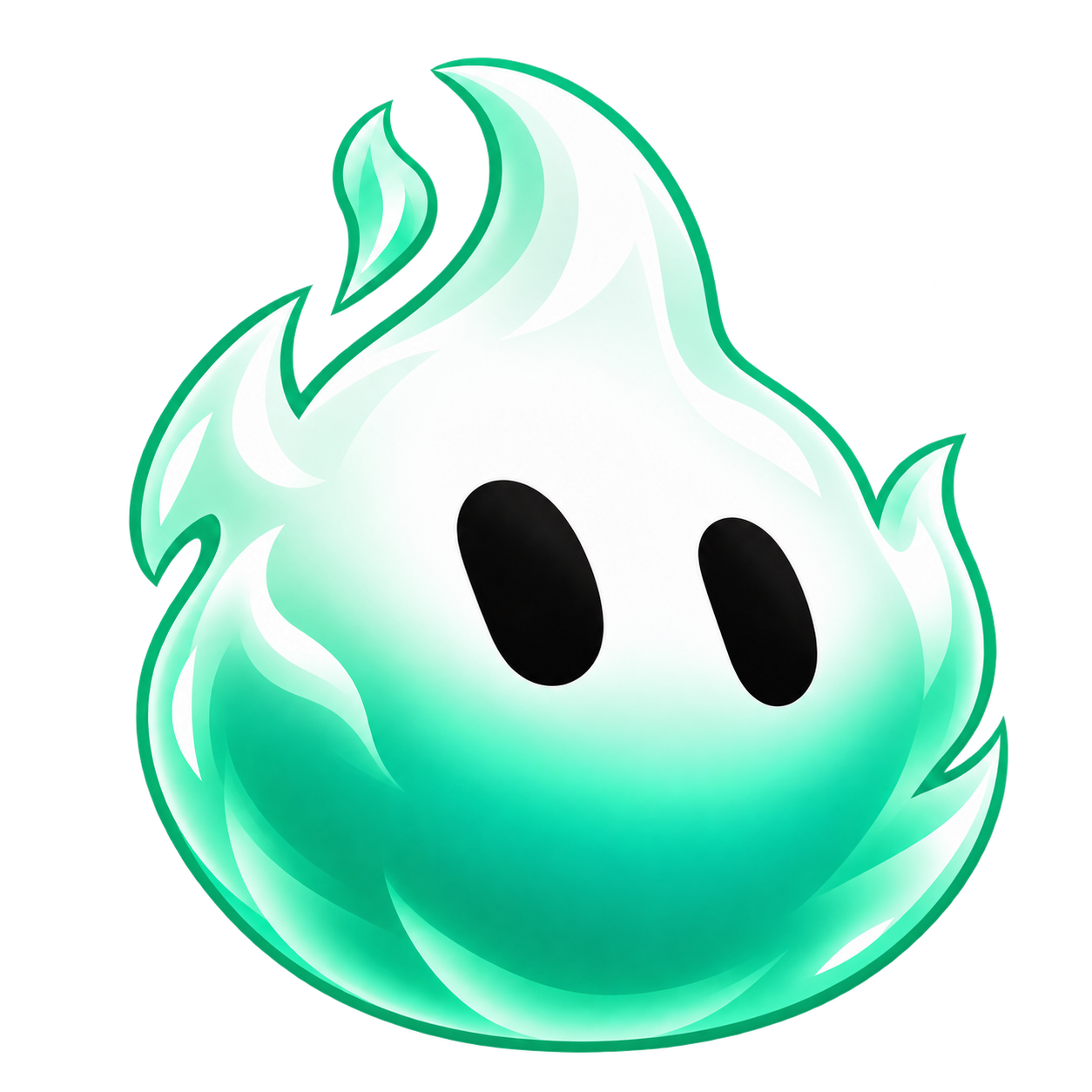 Pumpbot, a friendly white and emerald green flame ghost with two dark eyes